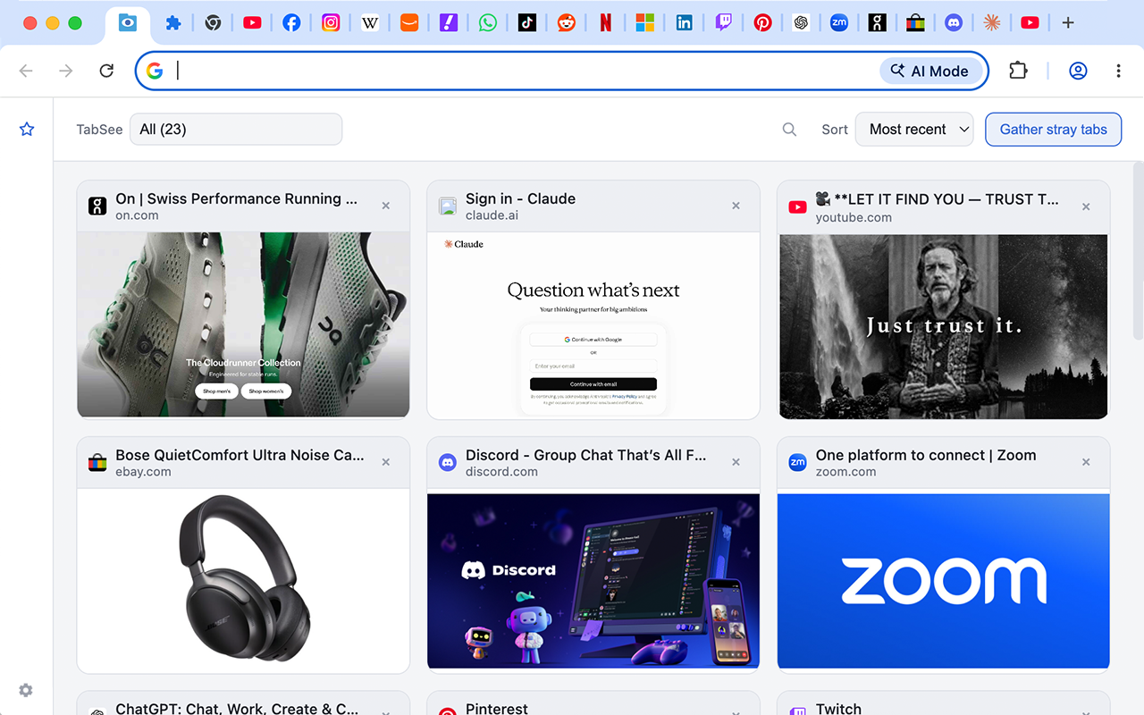 TabSee dashboard showing every open tab as a thumbnail grid